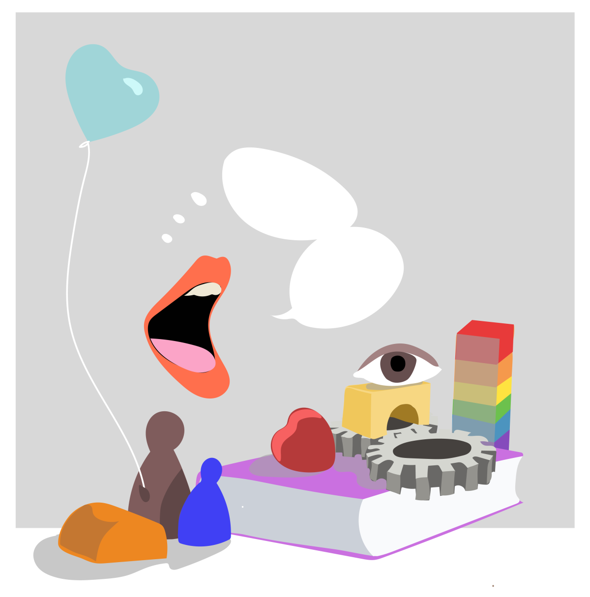 Eine Illustration. Es ist ein Luftballon zu sehen, Sprechblasen, ein offener Mund, ein Buch, Spielfiguren und Spielsteine, ein Auge, Zahnräder.