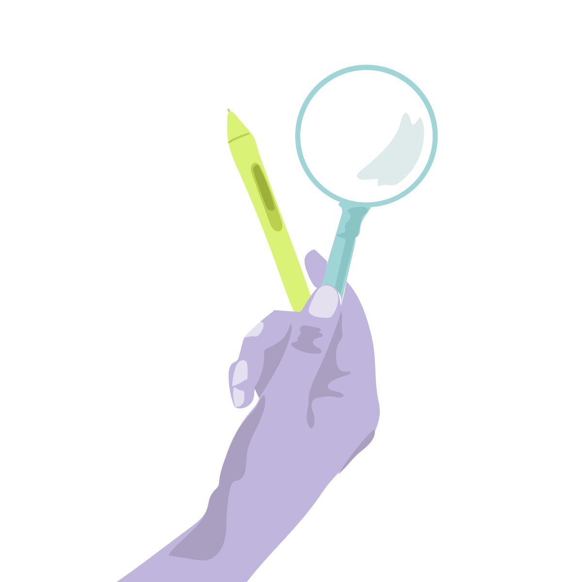 Eine Illustration. Eine lila Hand hält einen grünen Stift und eine blaue Lupe.