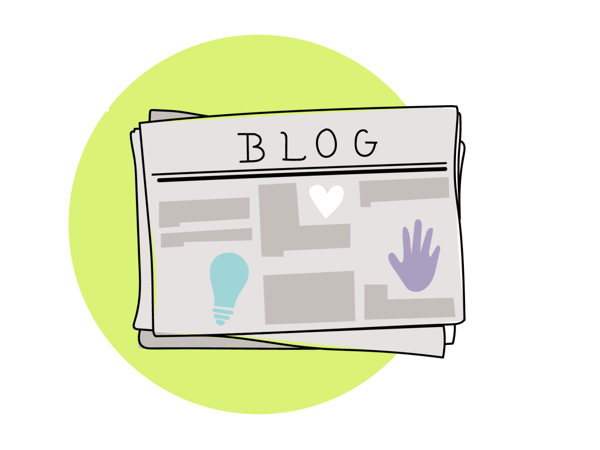 Eine Illustration. Eine Zeitung mit einer blauen Glühbirne, einer lila Hand, einem weißen Herz. Die Überschrift ist "Blog".