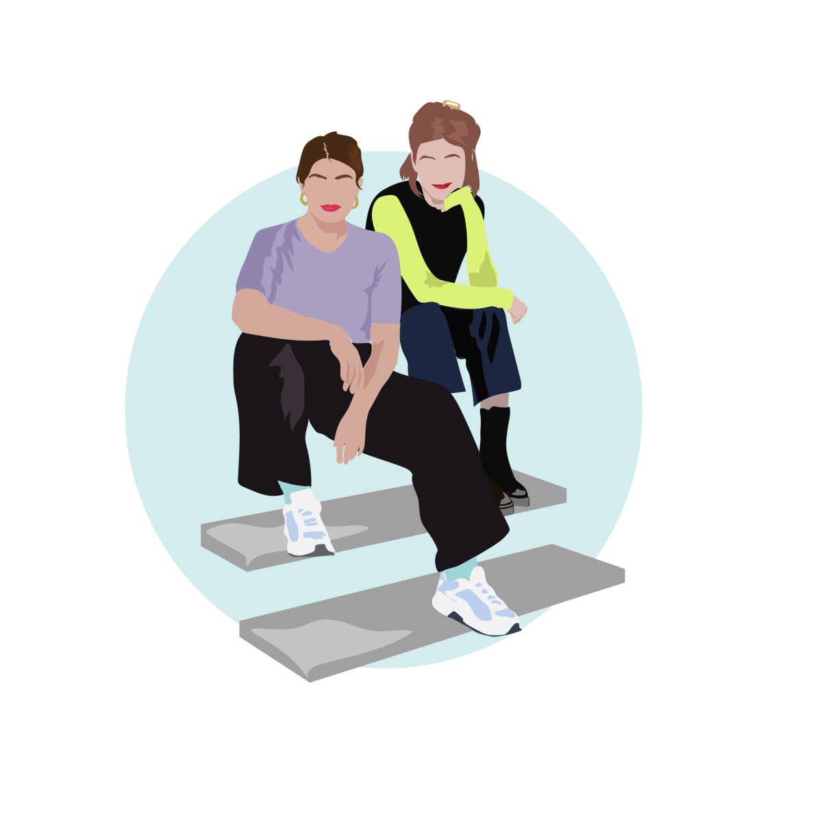 Eine Illustration. Zwei weiblich gelesene Personen sitzen auf einer Treppe.