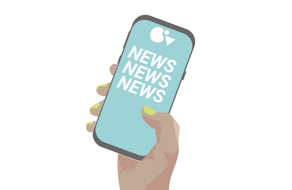 Eine Illustration. Eine Hand hält ein Handy, auf dessen Bildschirm "News, News, News" steht.