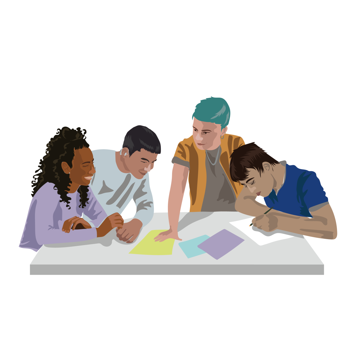 Eine Illustration aus dem Bildungsmaterial "Lasst uns". Eine Person sitzt auf einem Skate Board und schaut nach oben. Die andere Person beugt sich über die andere und küsst sie auf den Mund.