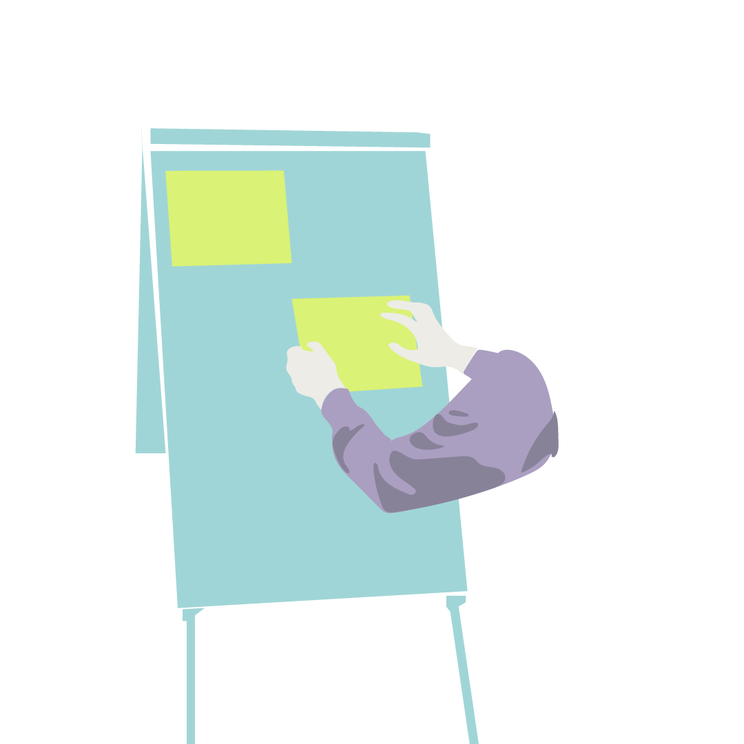 Eine Illustration. Ein Whiteboard. Zwei Hände halten Papiere an das Board.