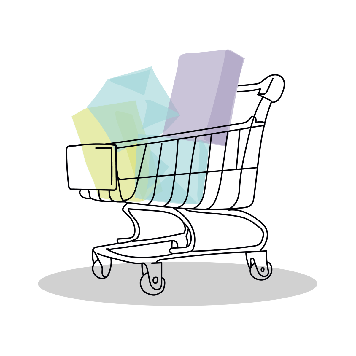 Ein Einkaufswagen mit Paketen in lila, blau und grün darin.